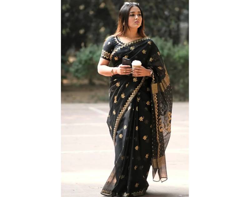 Premium Semi Muslin Saree with Skin & Apsan Print Black Color – 14 Hath Length | Matching Blouse Piece Included. Factory Price - Save $20
