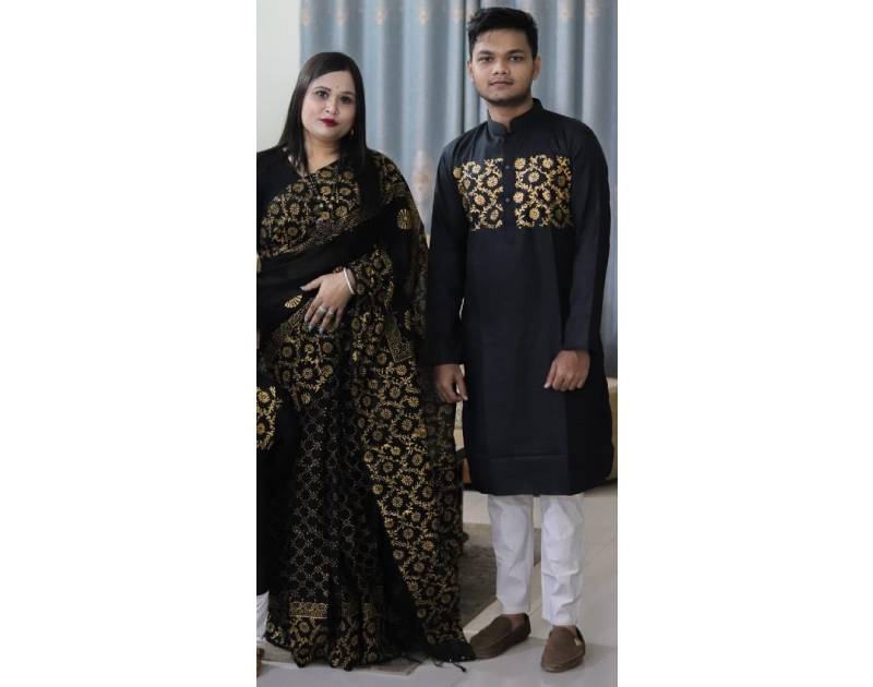 Dhupion Silk Saree with Skin & Block Print Work | Dhupion Silk Panjabi. Factory Price - Save $20