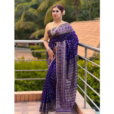 Premium Half Silk Saree with Jamdani Motif & Skin Print Design Blue Color. Factory Price - Save $19