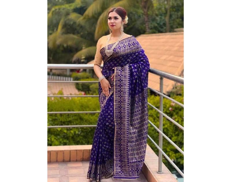 Premium Half Silk Saree with Jamdani Motif & Skin Print Design Blue Color. Factory Price - Save $19