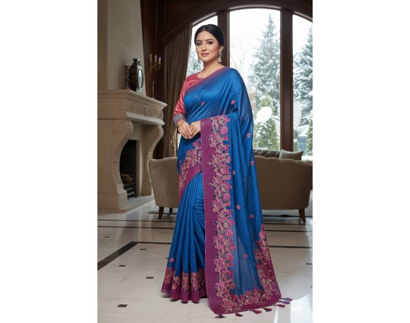 Jamdani, Half Silk, Silk & Semi Muslin Bluish Saree with Applique and Embroidered Floral Border Work. Factory Price - Save $78