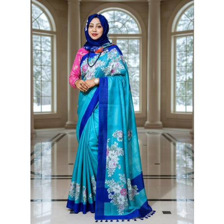 Jamdani, Half Silk, Silk & Semi Muslin Bondi Blue Saree with Applique and Embroidered Floral Border Work. Factory Price - Save $78