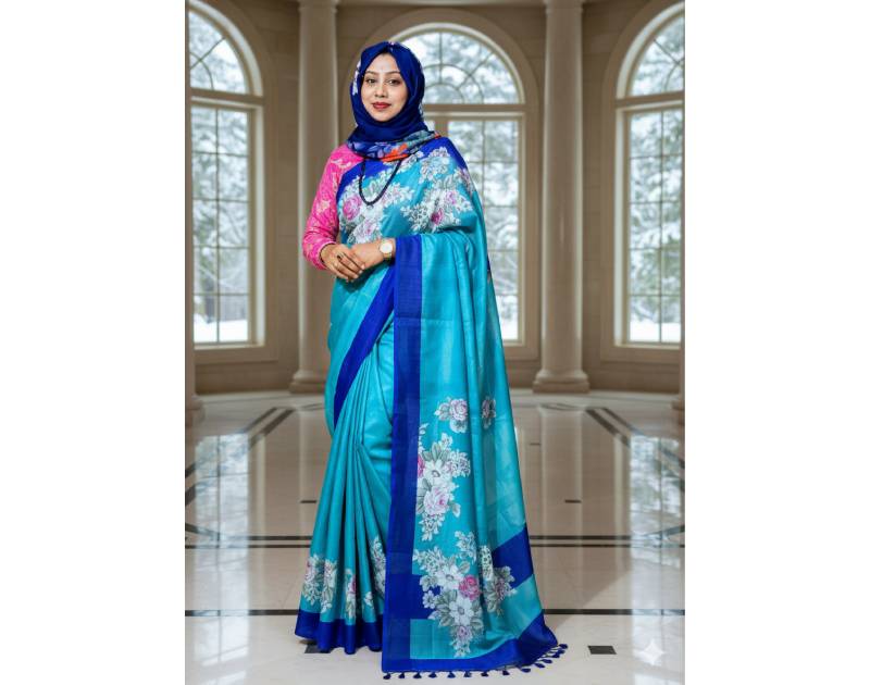 Jamdani, Half Silk, Silk & Semi Muslin Bondi Blue Saree with Applique and Embroidered Floral Border Work. Factory Price - Save $78