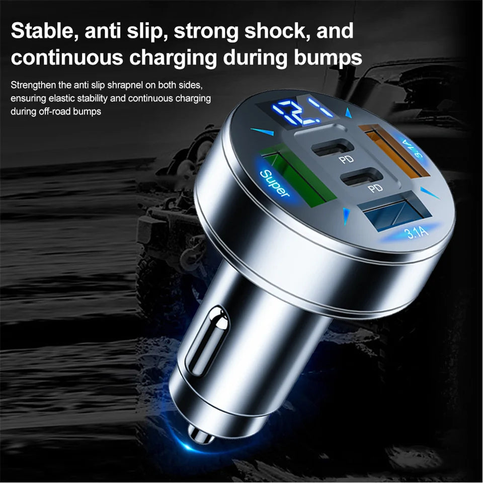 250W Car Charger – 5‑Port USB‑C PD & QC3.0 Fast Charging with Voltage Display