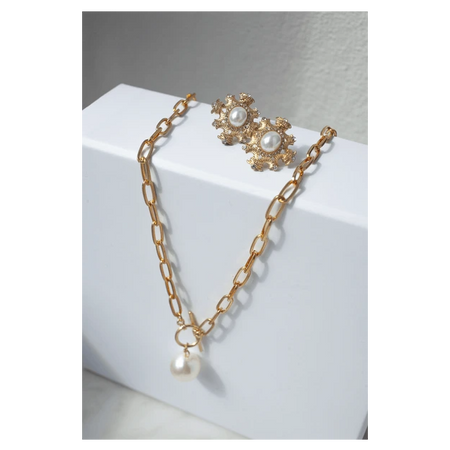 Pearl Chain-Locket-Earring Set Artificial Ornament
