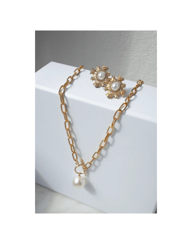 Pearl Chain-Locket-Earring Set Artificial Ornament