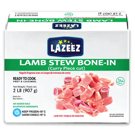Lazeez Lamb Stew Bone-In. Net Wt 2LB. (Gross Wt Was 2.5LB). Packed & Processed in Canada