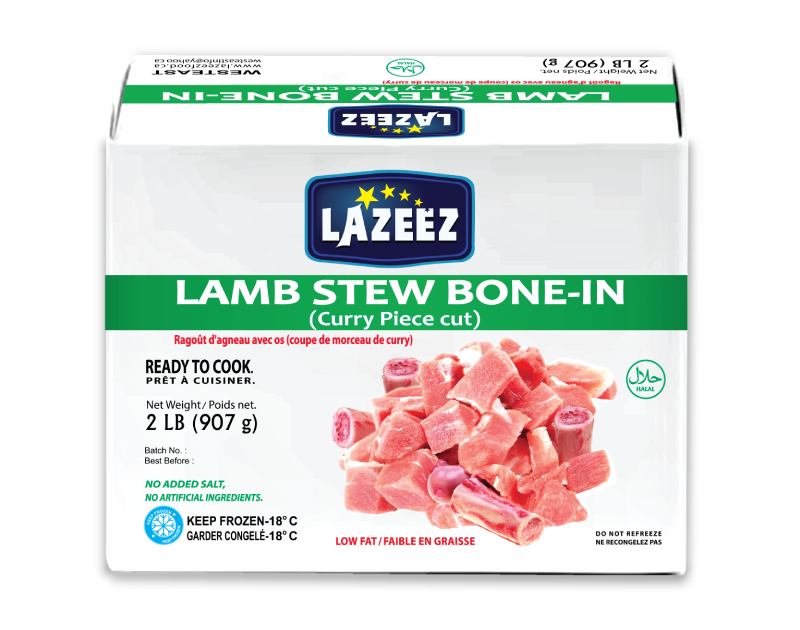 Lazeez Lamb Stew Bone-In. Net Wt 2LB. (Gross Wt Was 2.5LB). Packed & Processed in Canada