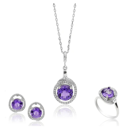 Lavender Stoned Silver Ring-Earring-Neckless Set
