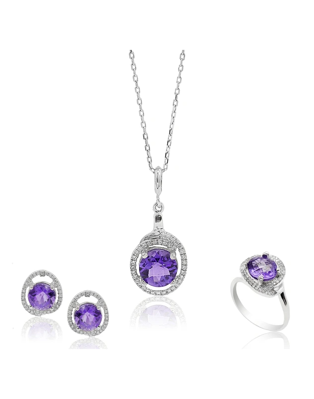 Lavender Stoned Silver Ring-Earring-Neckless Set