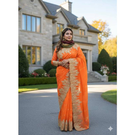Jamdani, Half Silk, Silk & Semi Muslin Dusty Orange Saree with Applique and Embroidered Floral Border Work. Factory Price - Save $78