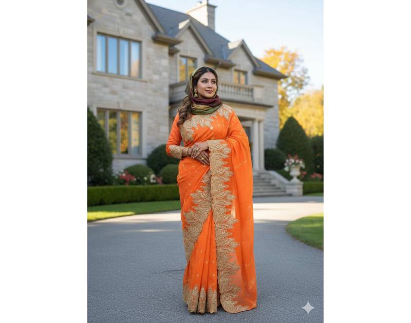 Jamdani, Half Silk, Silk & Semi Muslin Dusty Orange Saree with Applique and Embroidered Floral Border Work. Factory Price - Save $78
