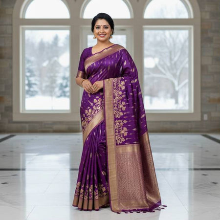 Jamdani, Half Silk, Silk & Semi Muslin Purple Saree with Applique and Embroidered Floral Border Work. Factory Price - Save $78