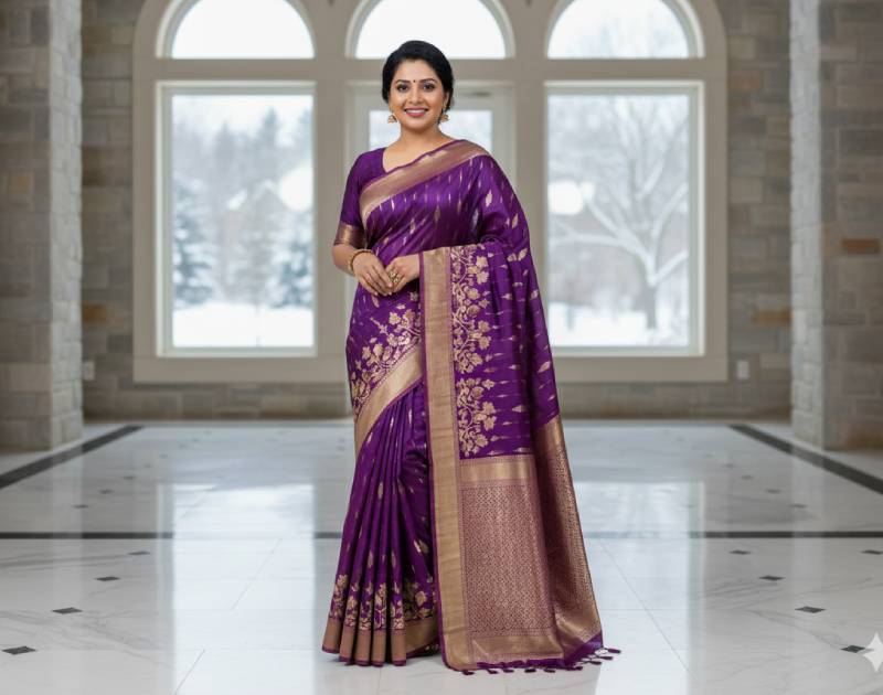 Jamdani, Half Silk, Silk & Semi Muslin Purple Saree with Applique and Embroidered Floral Border Work. Factory Price - Save $78