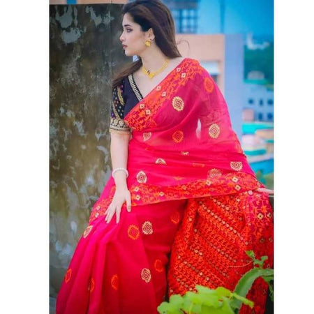 Premium Half Silk Saree with Jamdani Motif & Skin Print Design Red Color. Factory Price - Save $19