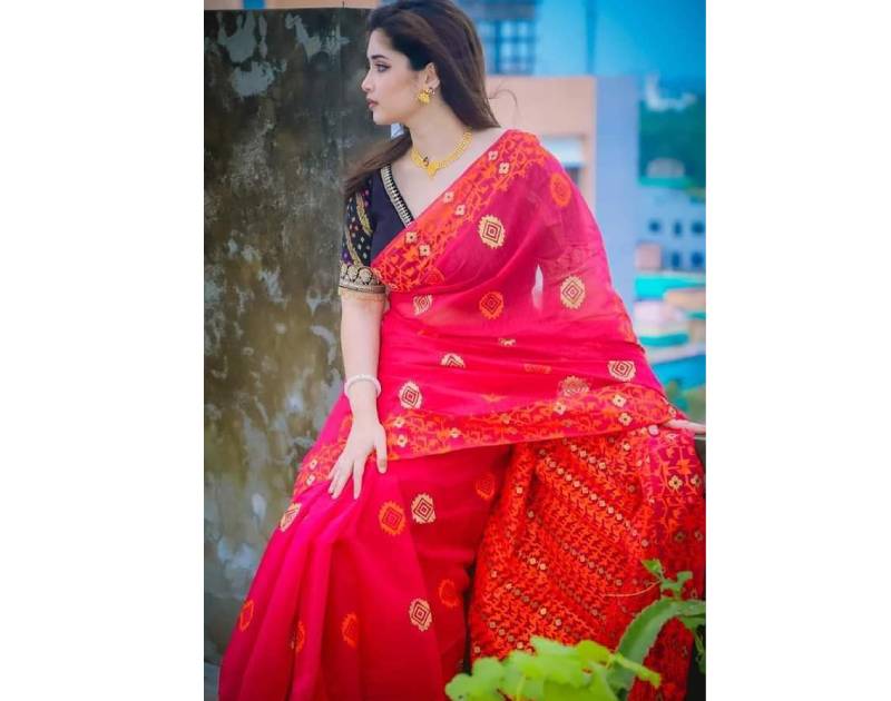 Premium Half Silk Saree with Jamdani Motif & Skin Print Design Red Color. Factory Price - Save $19