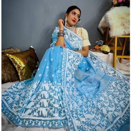 Premium Half Silk Saree with Jamdani Motif & Skin Print Design Sky Blue Color. Factory Price - Save $19
