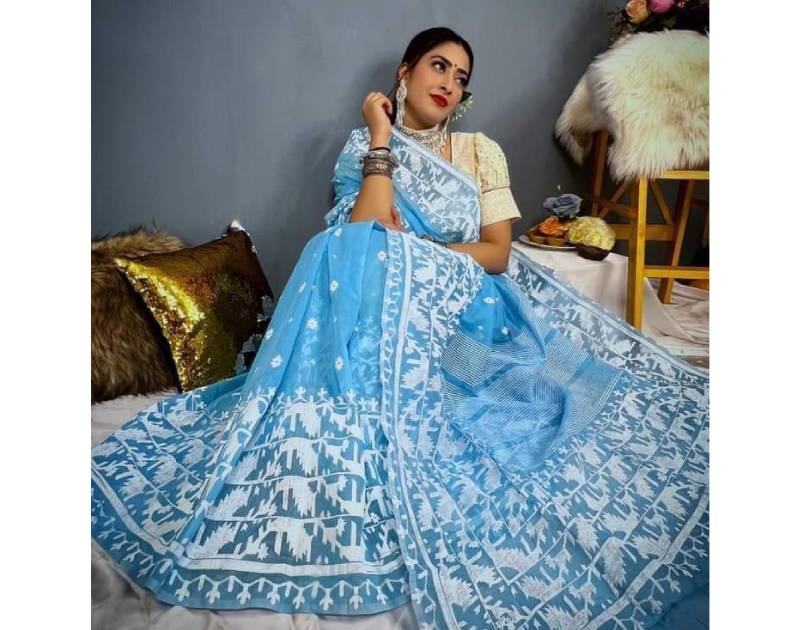 Premium Half Silk Saree with Jamdani Motif & Skin Print Design Sky Blue Color. Factory Price - Save $19
